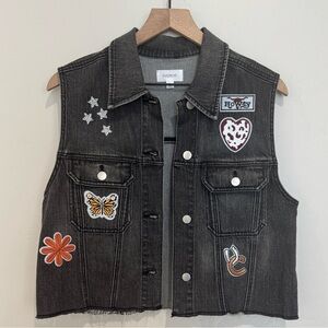 Evereve Robbie Denim Vest Black with Patchwork Size L Cowgirl Festival